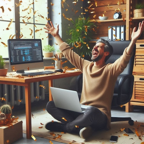 Happy man with laptop made by Bing Image Creator