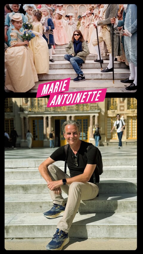 Sofia Coppola tijdens opnamen Marie Antoinette foto Andrew Durham Chateau de Versailles, Marble Court foto Jeroen Huijsdens